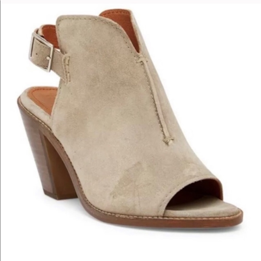 FRYE Courtney Sling Ash Taupe Beige Block Heel Booties Size 5.5